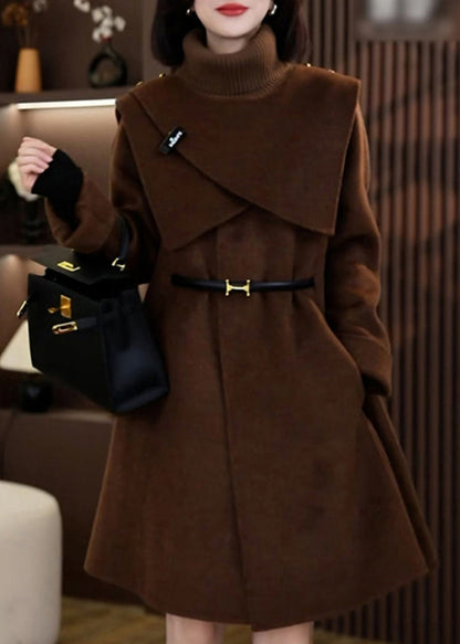 Elegant Coffee Woolen Coats And Knit Scarf Two Pieces Set Winter RF041