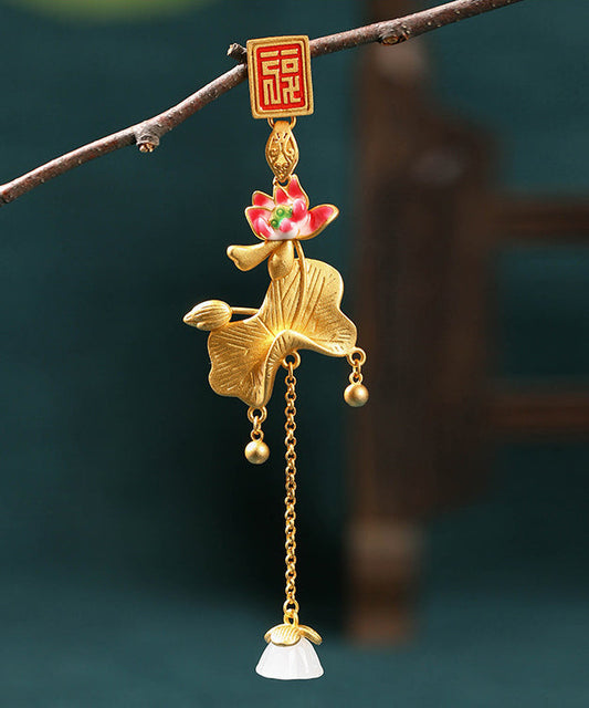 Elegant Gold Ancient Gold Jade Lotus Tassel Brooches KX1072