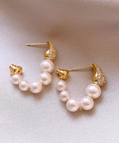 Elegant Gold Copper Alloy Zircon Pearl Hoop Earrings RB013