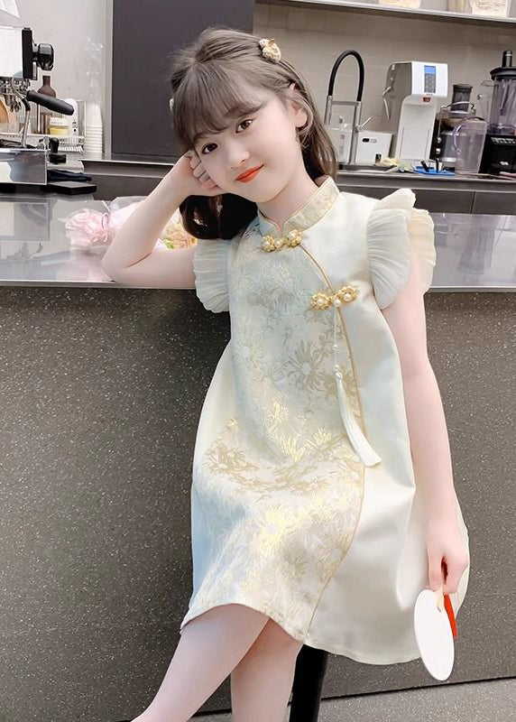 Maxi Vacation Girls Button Elegant Gold Stand Ruffled Collar