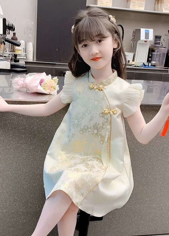 Maxi Vacation Girls Button Elegant Gold Stand Ruffled Collar