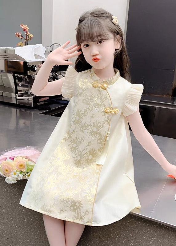 Maxi Vacation Girls Button Elegant Gold Stand Ruffled Collar