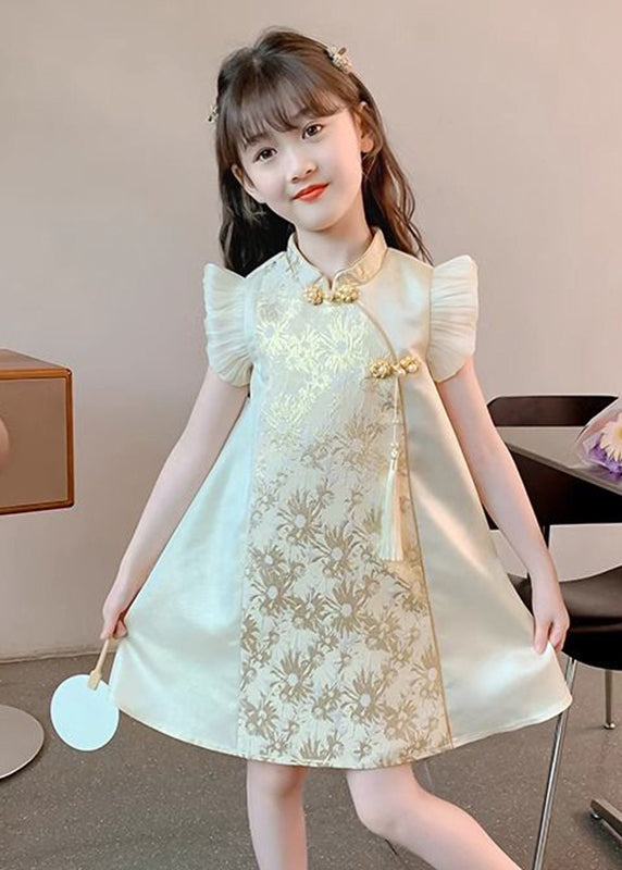 Maxi Vacation Girls Button Elegant Gold Stand Ruffled Collar