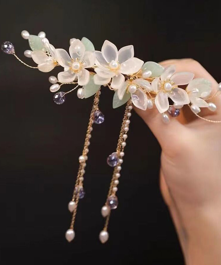 Elegant Gold Sterling Silver Overgild Pearl Floral Tassel Hairpin AB1081