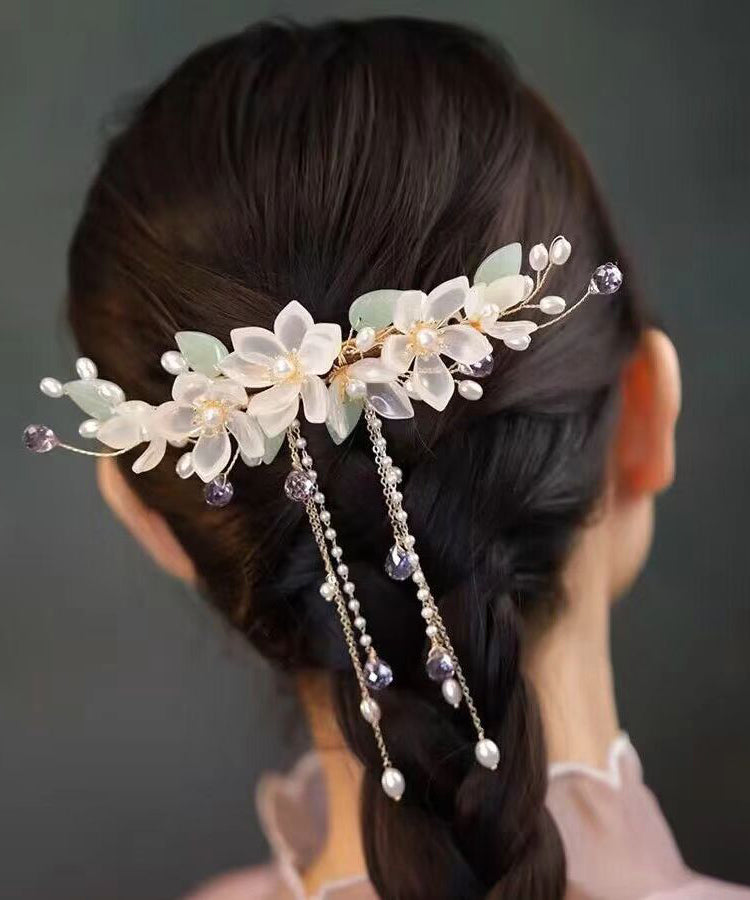 Elegant Gold Sterling Silver Overgild Pearl Floral Tassel Hairpin AB1081