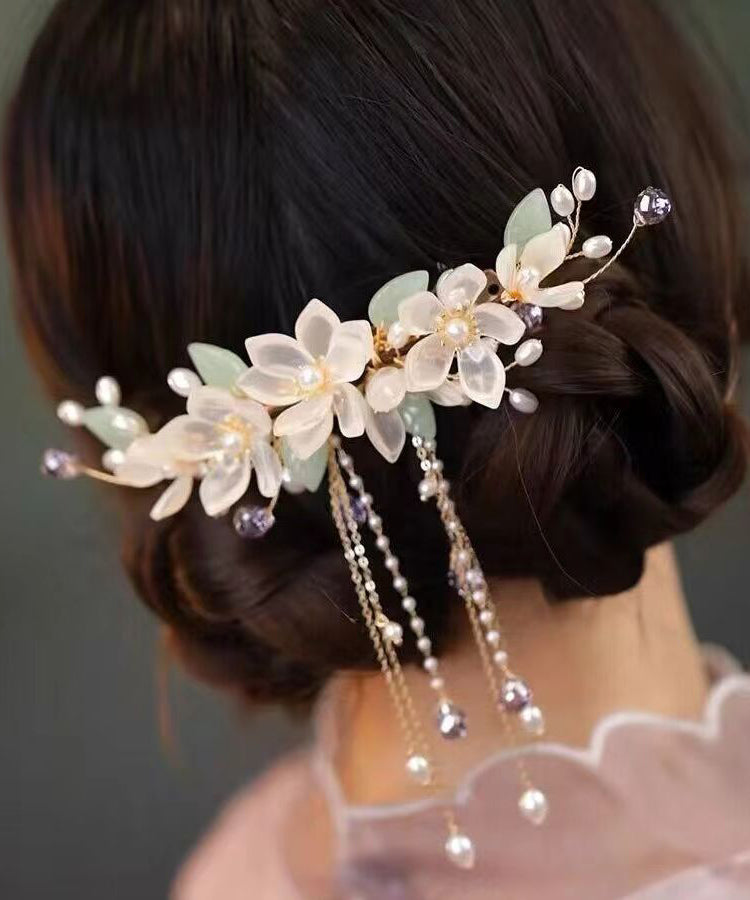 Elegant Gold Sterling Silver Overgild Pearl Floral Tassel Hairpin AB1081