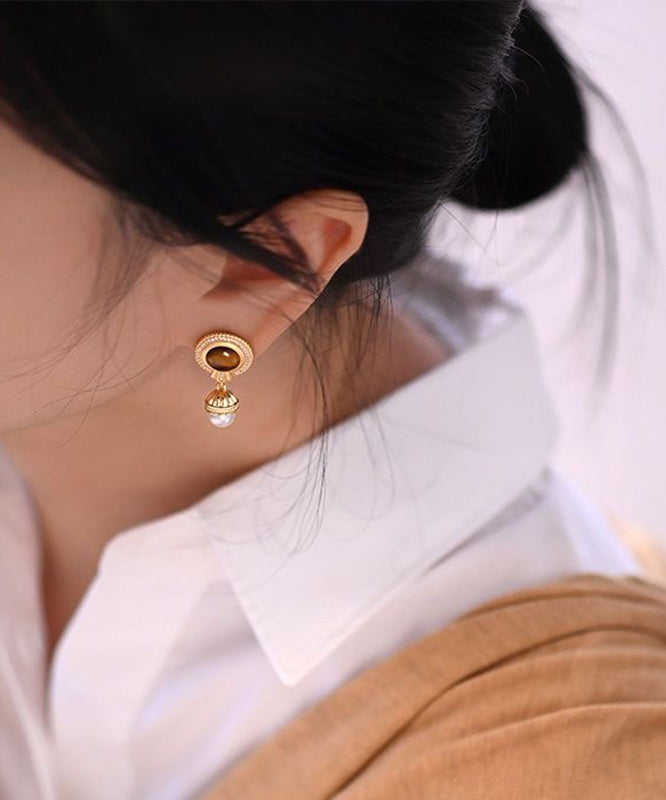 Overgild Gold Pearl Earrings Silver Elegant Drop Sterling Tassel