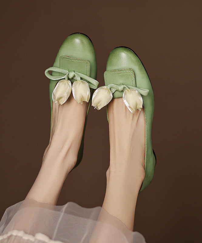 Shoes Elegant Cowhide Bow Leather Flat Splicing Floral Green