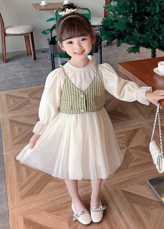 Elegant Green Button Waistcoat And Dress Tulle Kids Two Pieces Set Fall XZ075