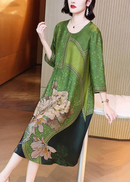 Elegant Green O Neck Print Patchwork Silk Long Dresses Spring OP1080