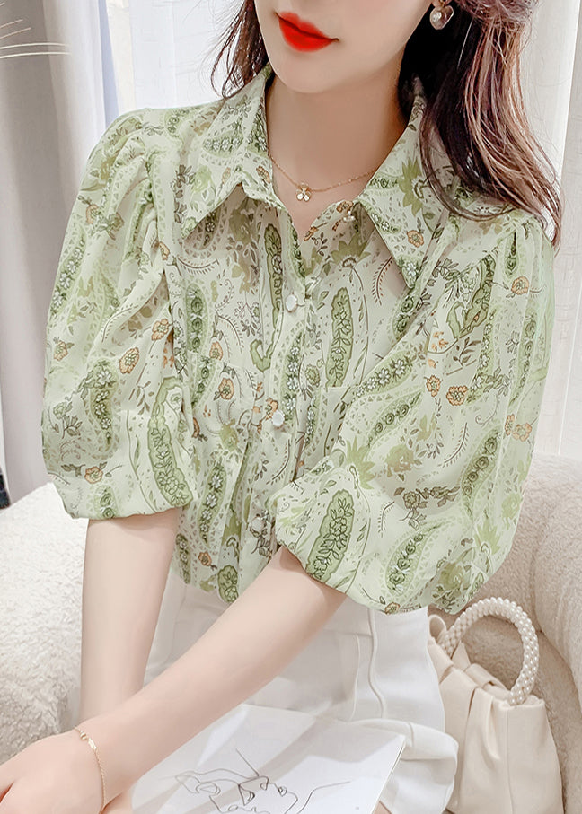 Chemise élégante en mousseline de soie verte à col Peter Pan et manches lanternes TZ015