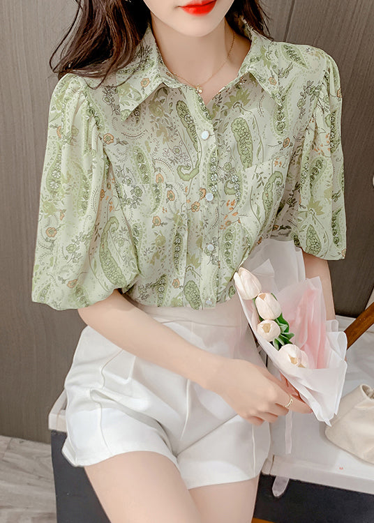 Chemise élégante en mousseline de soie verte à col Peter Pan et manches lanternes TZ015