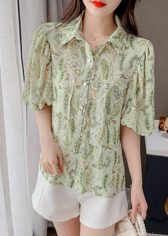 Chemise élégante en mousseline de soie verte à col Peter Pan et manches lanternes TZ015