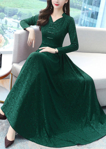 Elegant Green Print Chinese Button Cotton Long Dresses OO027