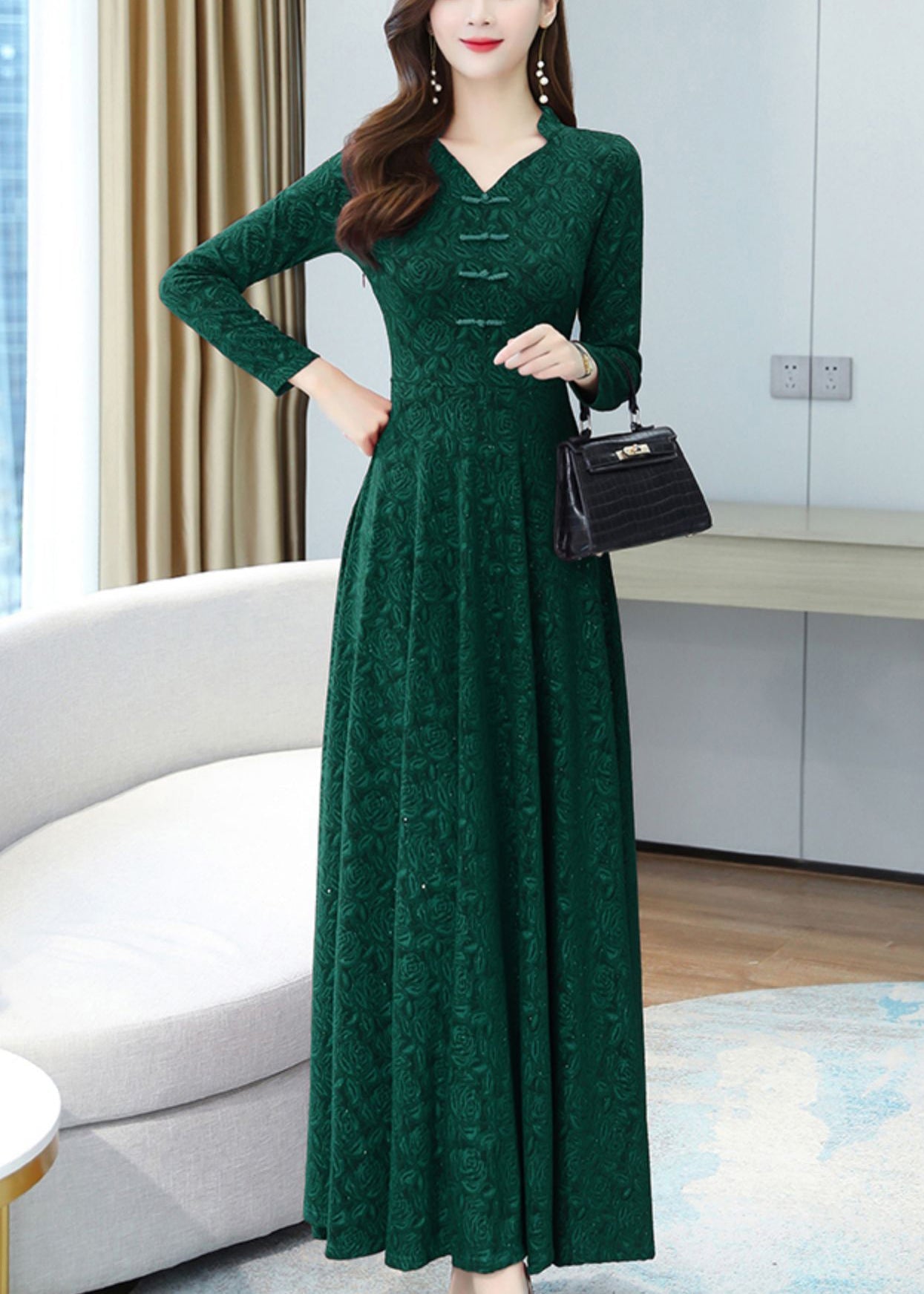 Elegant Green Print Chinese Button Cotton Long Dresses OO027