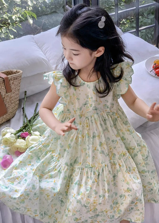 Elegant Green Print Wrinkled Cotton Girls Dress Summer EW043