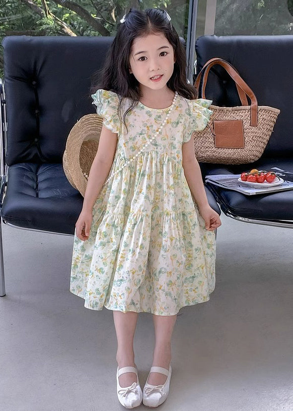 Elegant Green Print Wrinkled Cotton Girls Dress Summer EW043