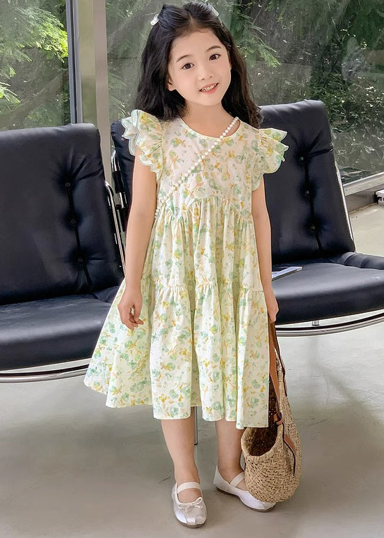 Elegant Green Print Wrinkled Cotton Girls Dress Summer EW043