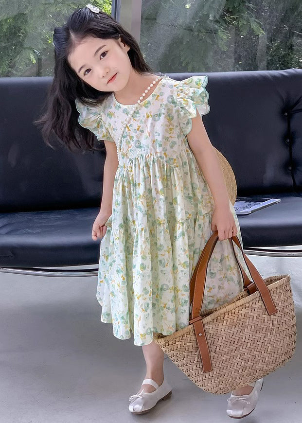 Elegant Green Print Wrinkled Cotton Girls Dress Summer EW043