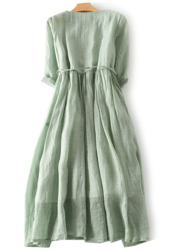 Elegant Green Ruffled Button Tie Waist Cotton Long Dress Half Sleeve QA030