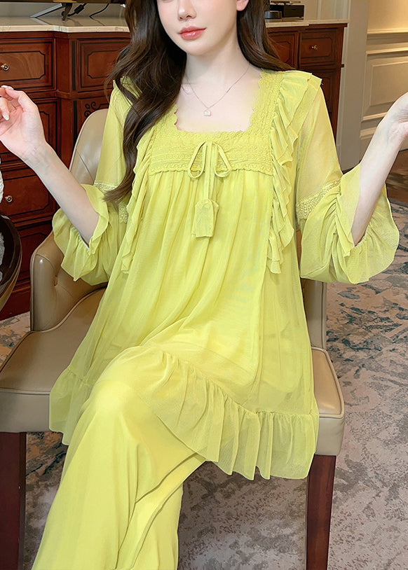 Up Tulle Elegant Collar Lace Green Suit Square Pajamas Two Piece