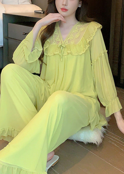 Up Tulle Elegant Collar Lace Green Suit Square Pajamas Two Piece