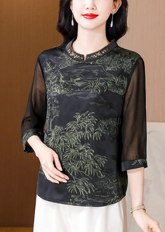 Elegant Green Stand Collar Print Silk Top Half Sleeve OP1057