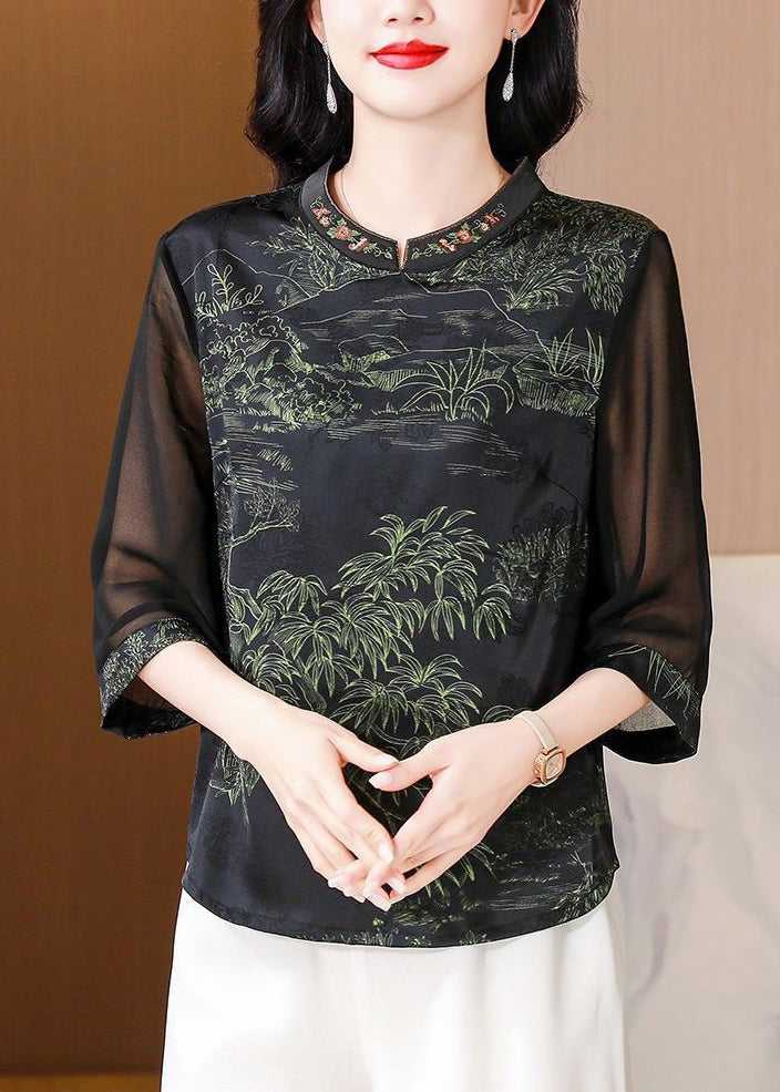 Elegant Green Stand Collar Print Silk Top Half Sleeve OP1057