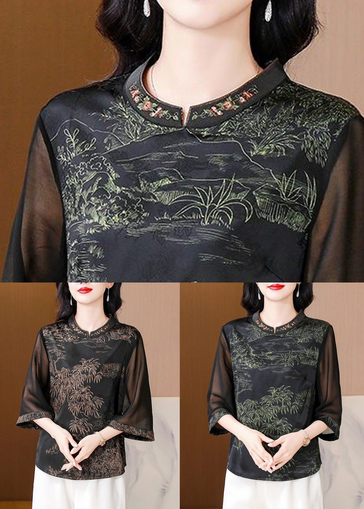 Elegant Green Stand Collar Print Silk Top Half Sleeve OP1057