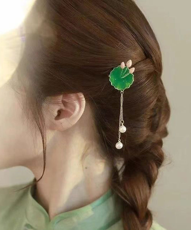 Elegante Haarnadel mit Lotusblättern aus grüner Sterlingsilberlegierung, DF1023