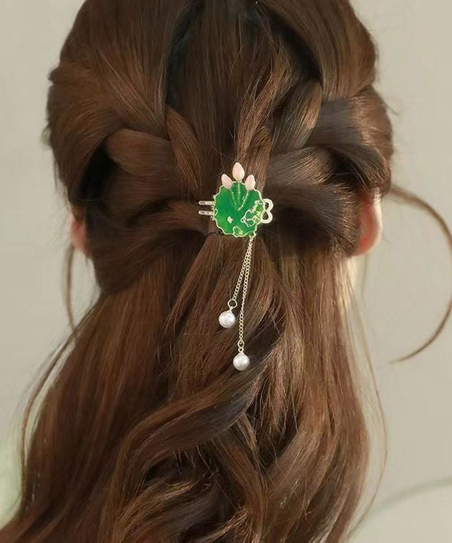 Elegante Haarnadel mit Lotusblättern aus grüner Sterlingsilberlegierung, DF1023