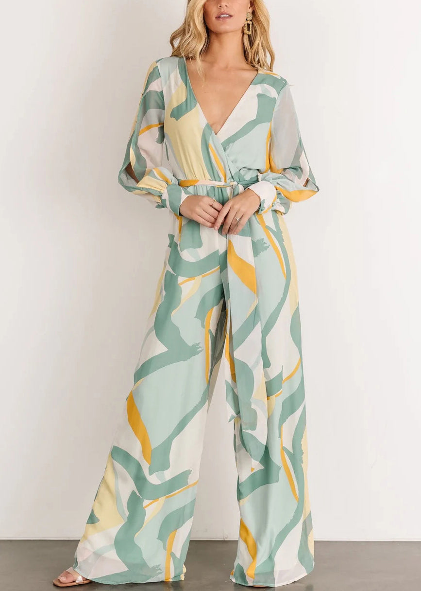 Elegant Green V Neck Print Chiffon Jumpsuit Long Sleeve AU1007