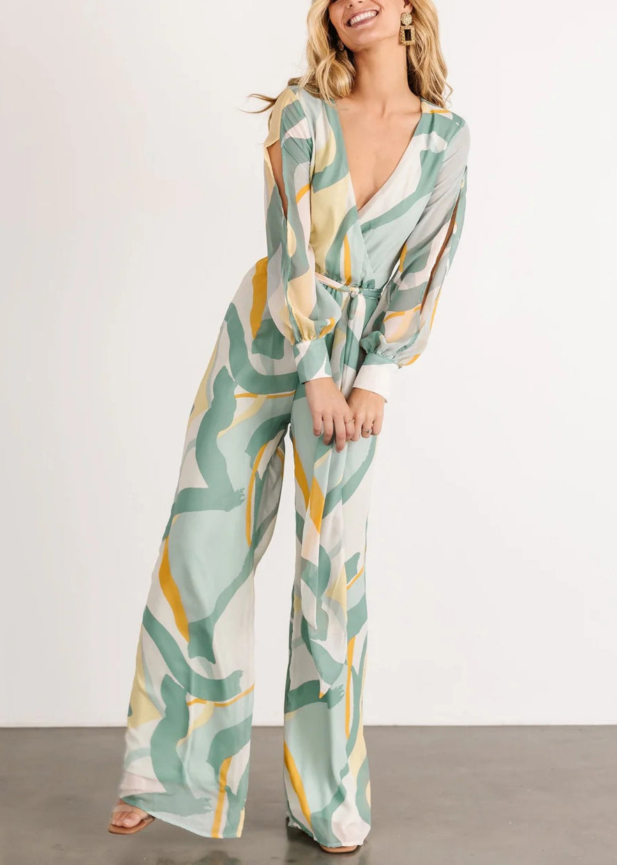 Elegant Green V Neck Print Chiffon Jumpsuit Long Sleeve AU1007