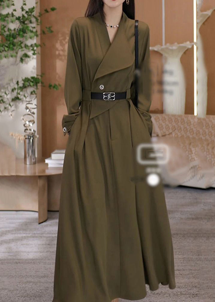 Robe longue élégante en coton vert à col en V et ceinture à la taille, automne RF013
