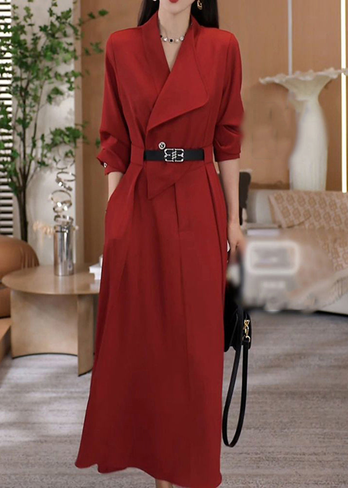 Robe longue élégante en coton vert à col en V et ceinture à la taille, automne RF013