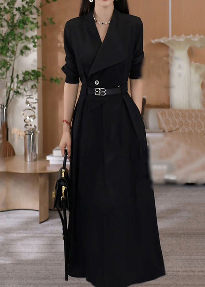 Robe longue élégante en coton vert à col en V et ceinture à la taille, automne RF013