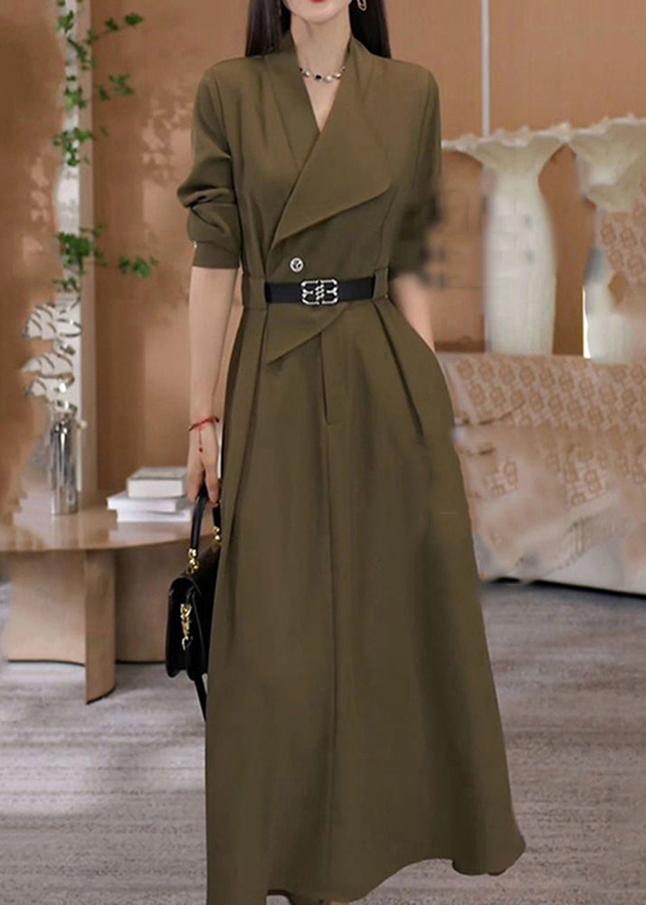 Robe longue élégante en coton vert à col en V et ceinture à la taille, automne RF013
