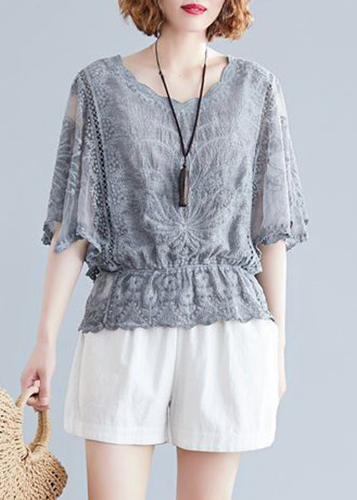 Elegant Grey Embroidered Hollow Out Cotton Top Batwing Sleeve GH1001