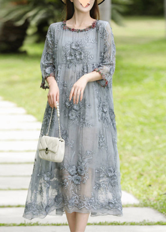 Dresses Silk O-Neck Sleeve Bracelet Elegant Embroidered Long Grey