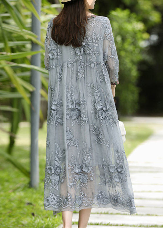 Dresses Silk O-Neck Sleeve Bracelet Elegant Embroidered Long Grey