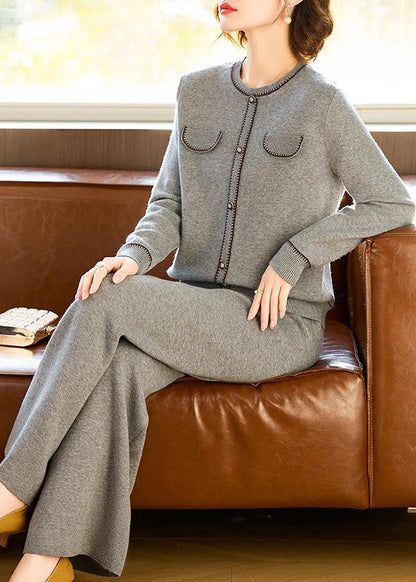 Elegant Grey O Neck Tops And Pants Wool Two Pieces Set Spring TQ026