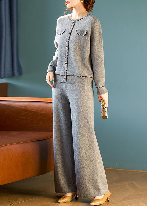 Elegant Grey O Neck Tops And Pants Wool Two Pieces Set Spring TQ026