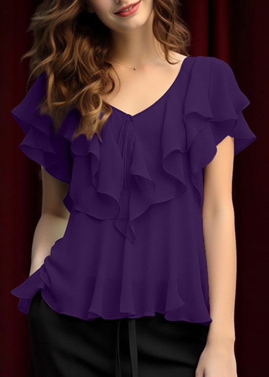 Blouses Chiffon Patchwork Ruffled Grey Summer Elegant