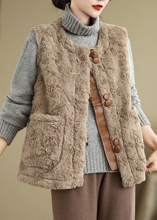 Elegant Khaki Button Pockets Teddy Faux Fur Waistcoat Sleeveless ER028