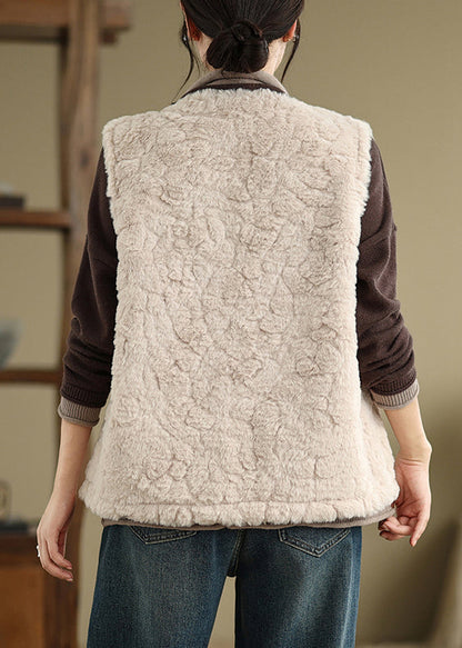 Elegant Khaki Button Pockets Teddy Faux Fur Waistcoat Sleeveless WL022