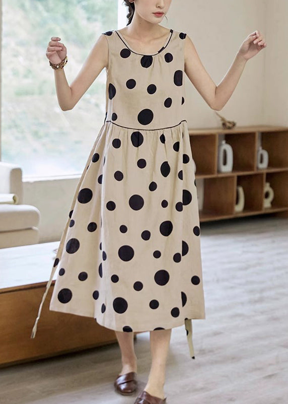 Robe longue élégante en coton à pois, sans manches, avec poches nouées à la taille, kaki