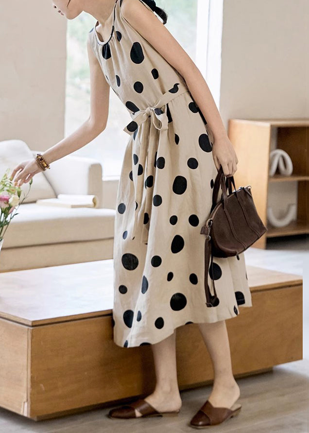 Robe longue élégante en coton à pois, sans manches, avec poches nouées à la taille, kaki