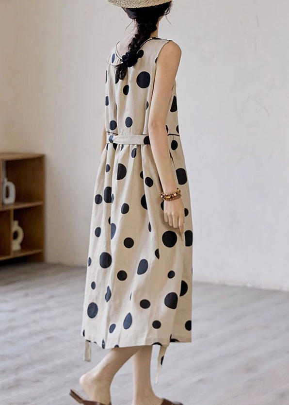 Robe longue élégante en coton à pois, sans manches, avec poches nouées à la taille, kaki