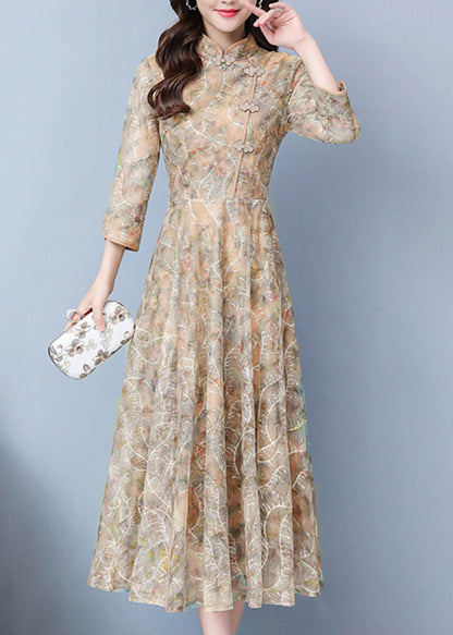 Elegant Khaki Print Exra Large Hem Lace Oriental Dresses Spring OO026