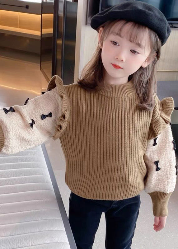 Elegant Khaki Ruffled Patchwork Bow Cotton Knit Kids Sweaters Winter WL046